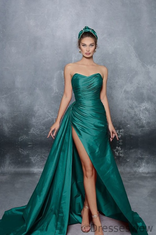 Dresseswow Strapless Sleeveless Mermaid Evening Dress Split Long WIth Ruffles Pleats