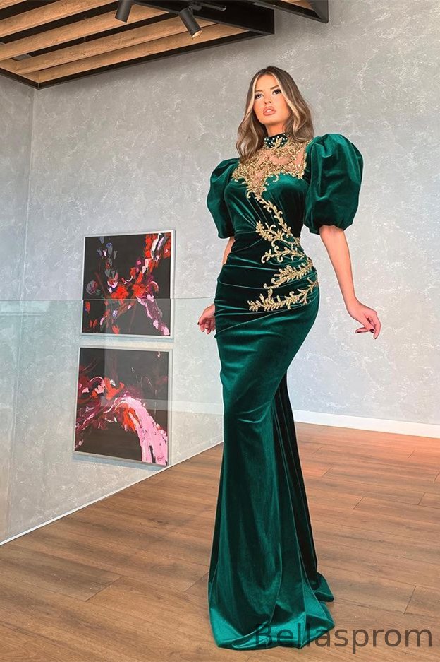Bellasprom Bubble Sleeves Mermaid Prom Dress With Appliques Dark Grren Bellasprom
