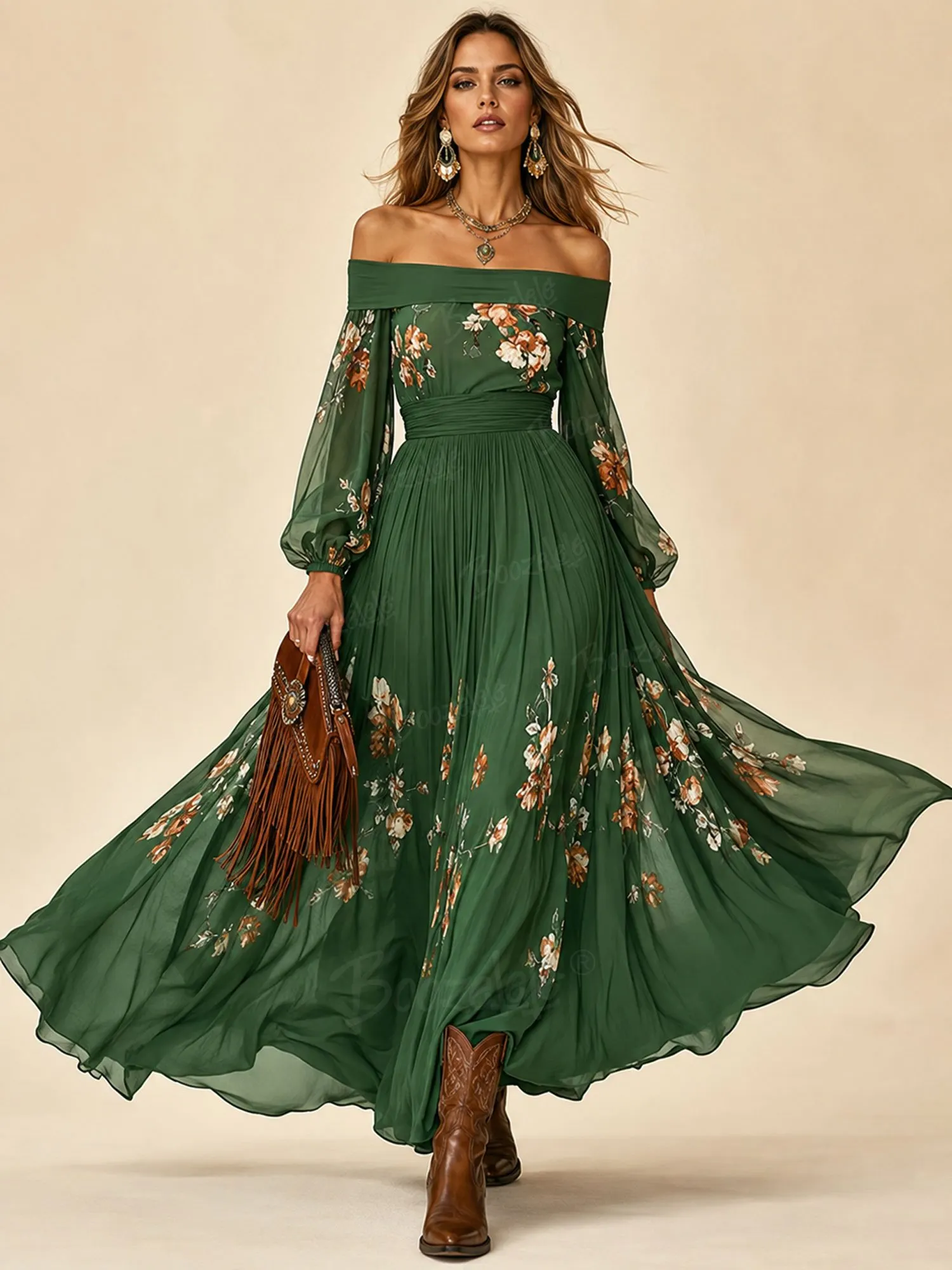 Great for a Boho-Chic Garden Party &mdash; Elegant Green Botanical-Print 2026 Spring/Autumn Women&rsquo;s Casual Maxi Dress
