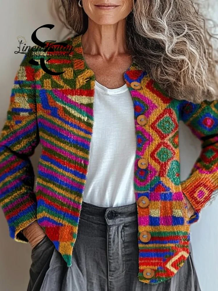 Vibrant Ethnic Pattern Printed Buttoned Cardigan Sweater