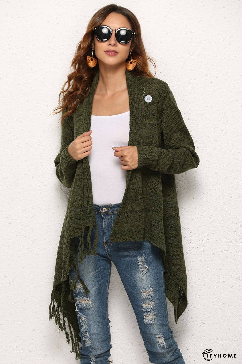One-Button Tassel Tie Asymmetrical Hem Cardigan | IFYHOME