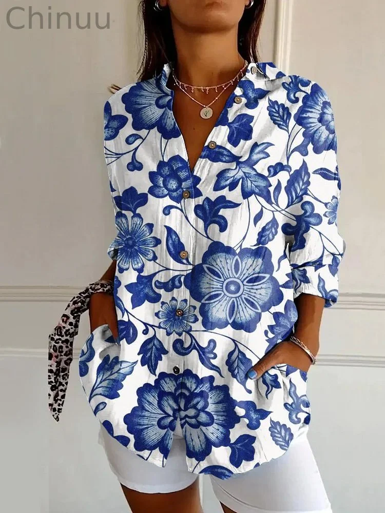 Vintage Floral Print Casual Long Sleeve Shirt