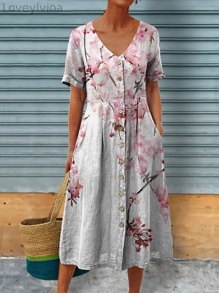 Women's Spring Flowers Linen Pocket Tunic Dress