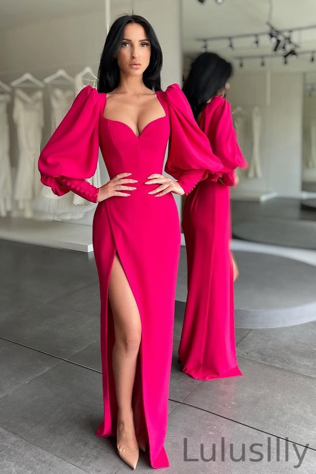 Fuchsia Long Sleeves Sweetheart Prom Dress Split Party Gowns - lulusllly