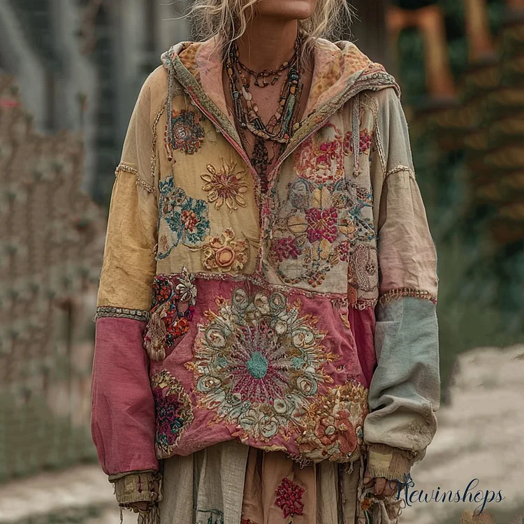 Women's Bohemian Floral Patchwork Cozy Warm Hoodie