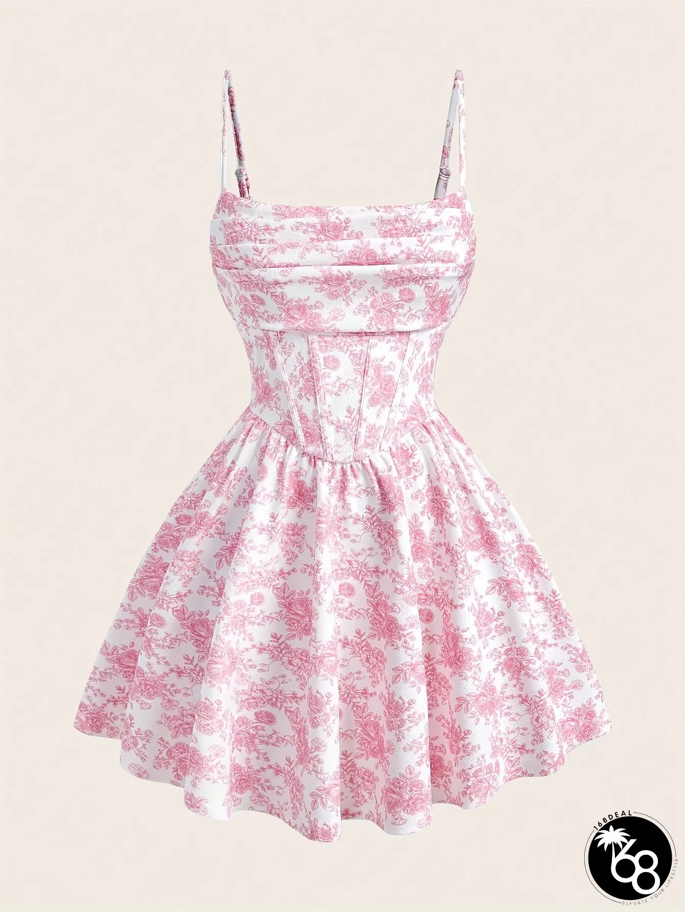 Womens Floral Print Spaghetti Straps Mini Dress Pattern Soft Pink A-Line Party Wedding | 168DEAL