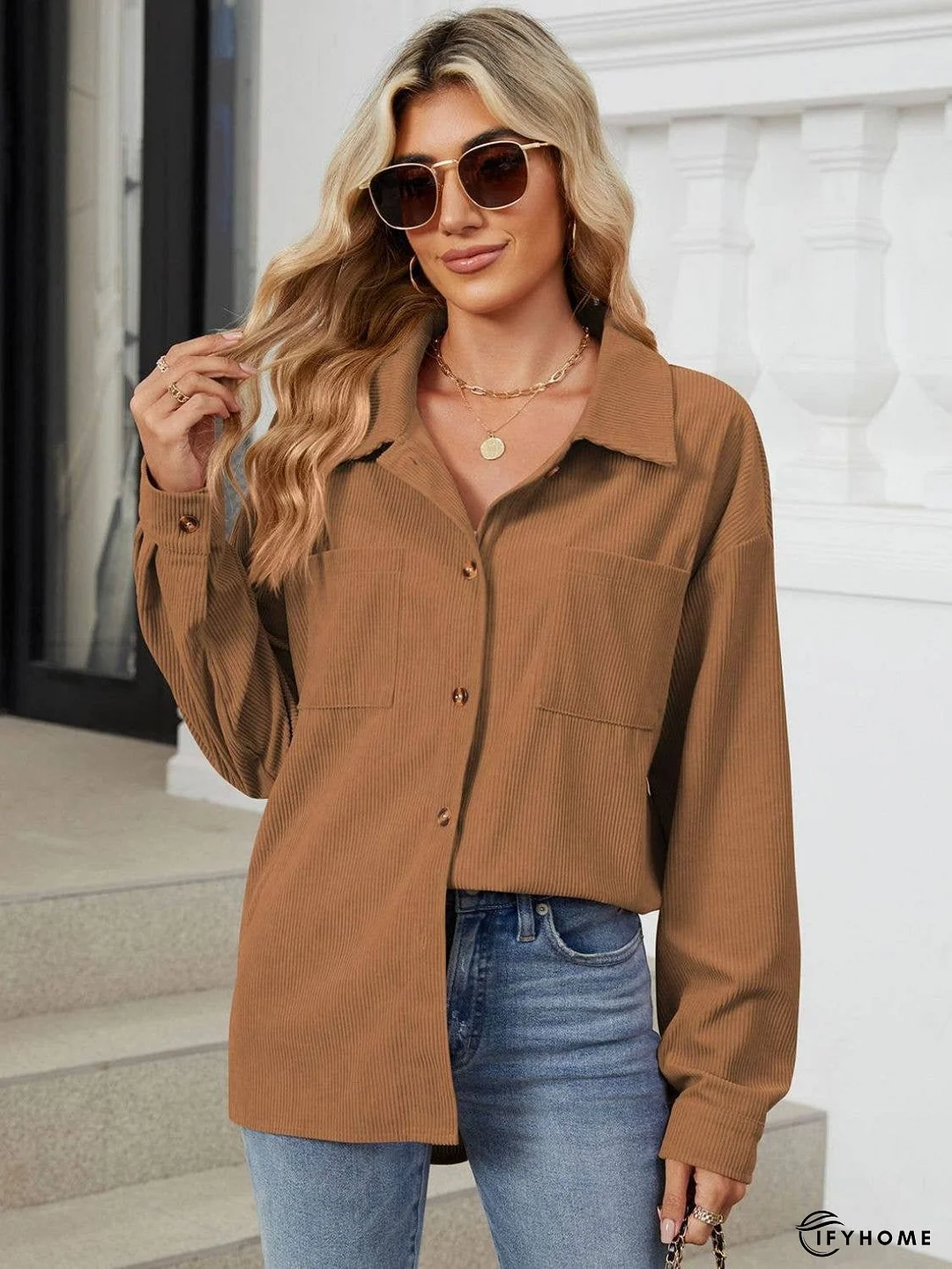 Button Up Dropped Shoulder Long Sleeve Outerwear | IFYHOME