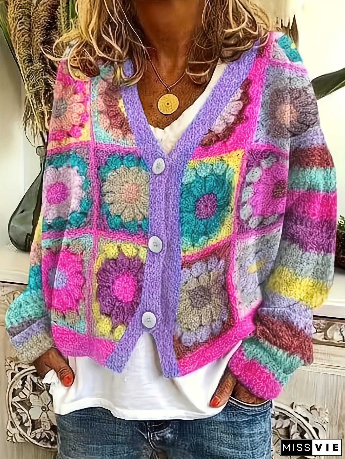 Soft Fleece Hand-Crocheted Colorful Flower Rainbow Patchwork Cardigan, Elegant Fashionable Comfort Casual Vintage Sweater Jacket, Sweater Jacket For Women, Knit Wears For Women Tops With Button Spring Time, Cardigan With Embroidered Design, Knitwear