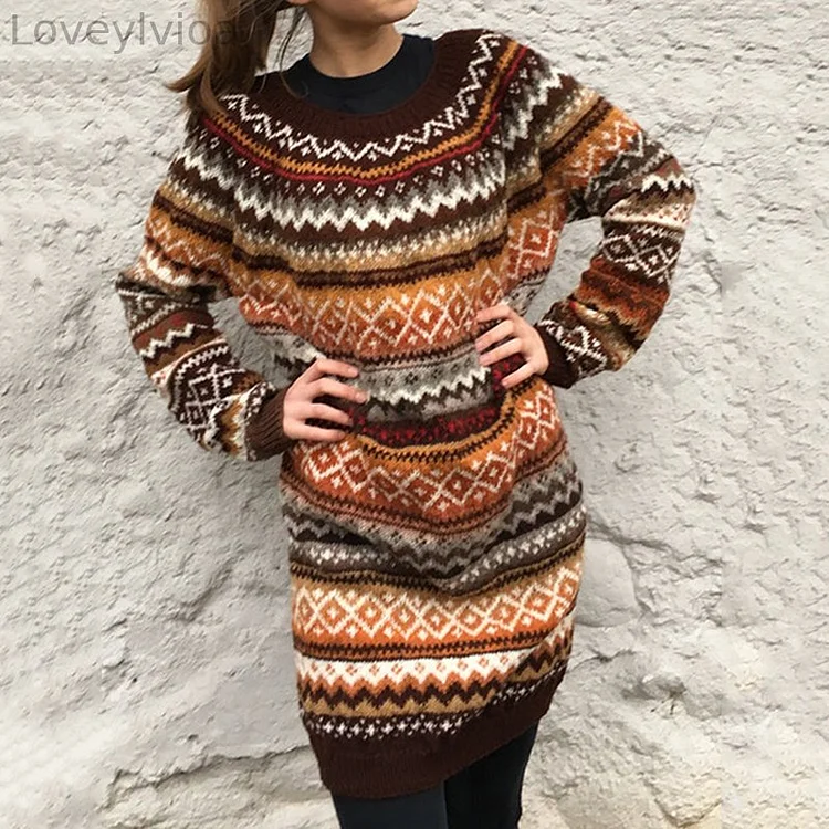 Vintage Icelandic Floral Knit Jacquard Sweater Dress