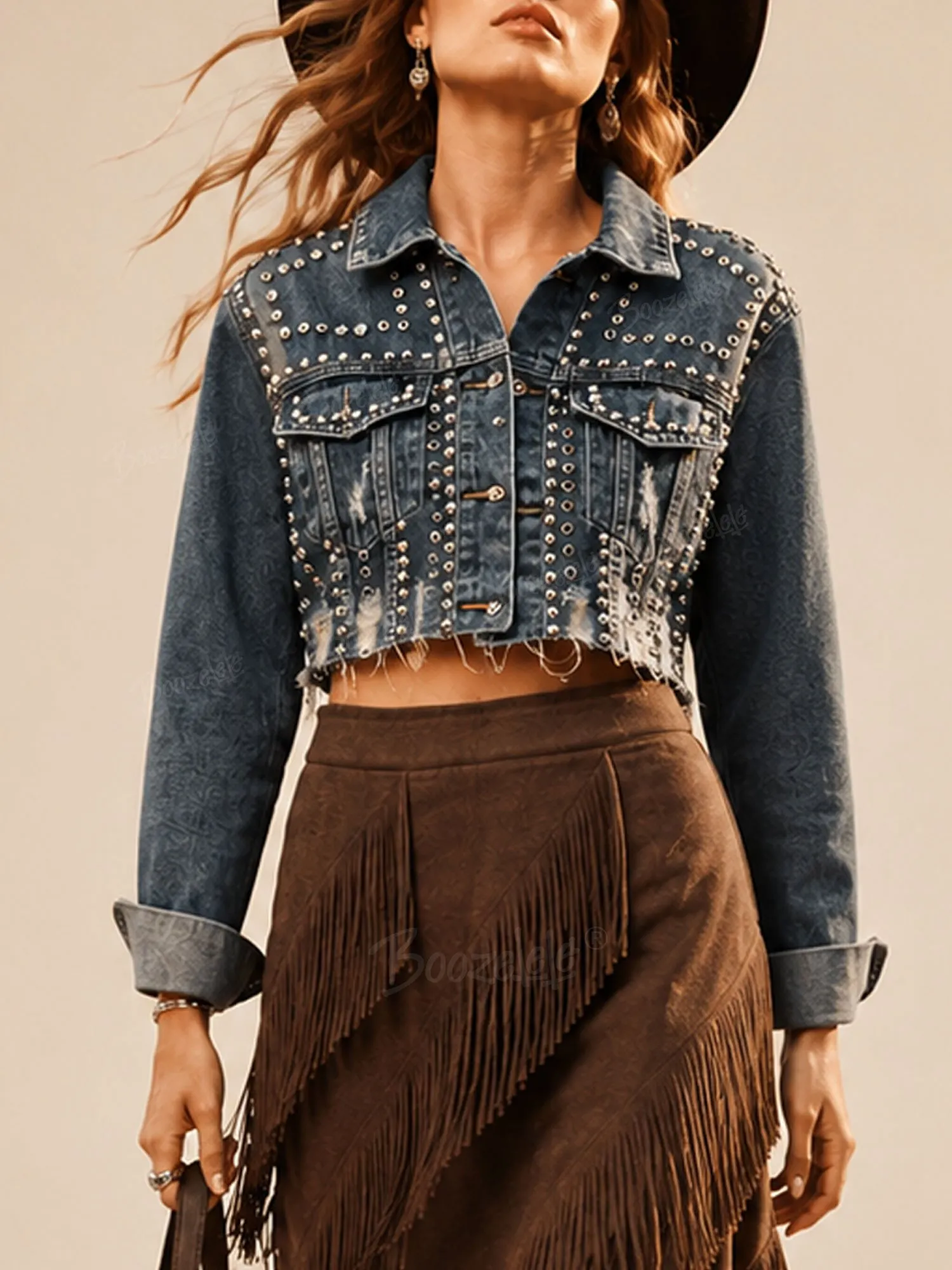For Music Festival Season &mdash; Dark Blue Vintage Studded Distressed Cropped Denim Jacket