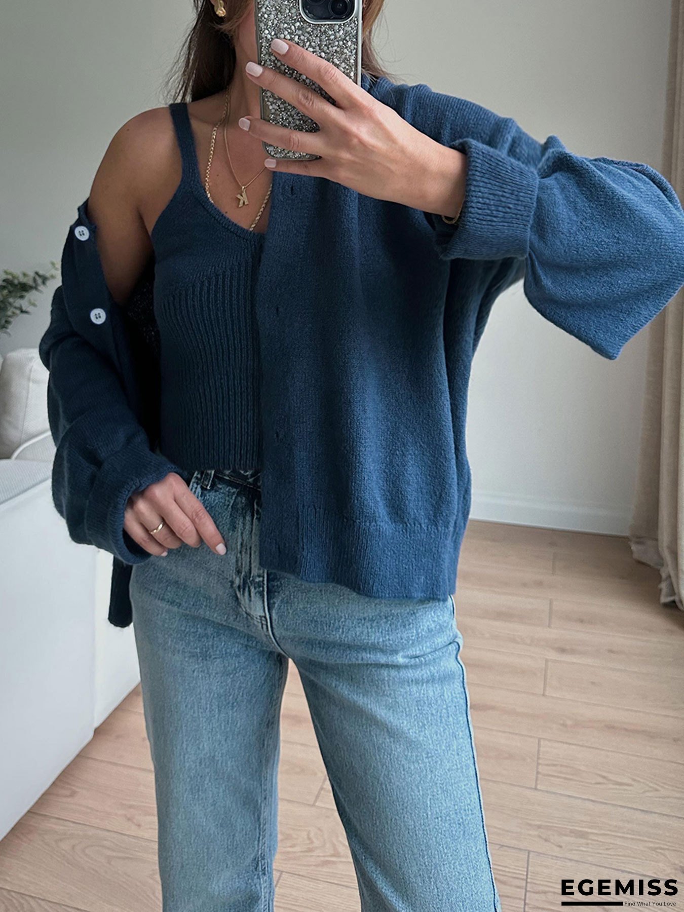 Chic Sleeveless Tank Top and Long Sleeve Cardigan Set - Elegant Casual Two-Piece Outfit with Button Details, Solid Color, Perfect for Spring/Fall, Casual Attire|Sleeveless Top| Construction, Ladies Tank Tops | EGEMISS