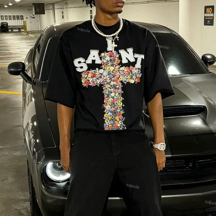 Vintage Saint Cross Art Graphic Cotton T-Shirt