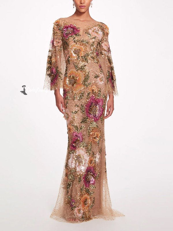 Long Sleeve Sequin Lace Maxi Dress