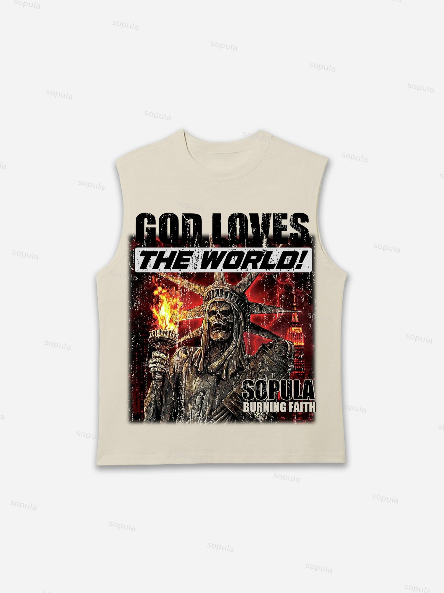 God Loves The World Burning Skull Statue Of Liberty Vintage Graphic Tank Top