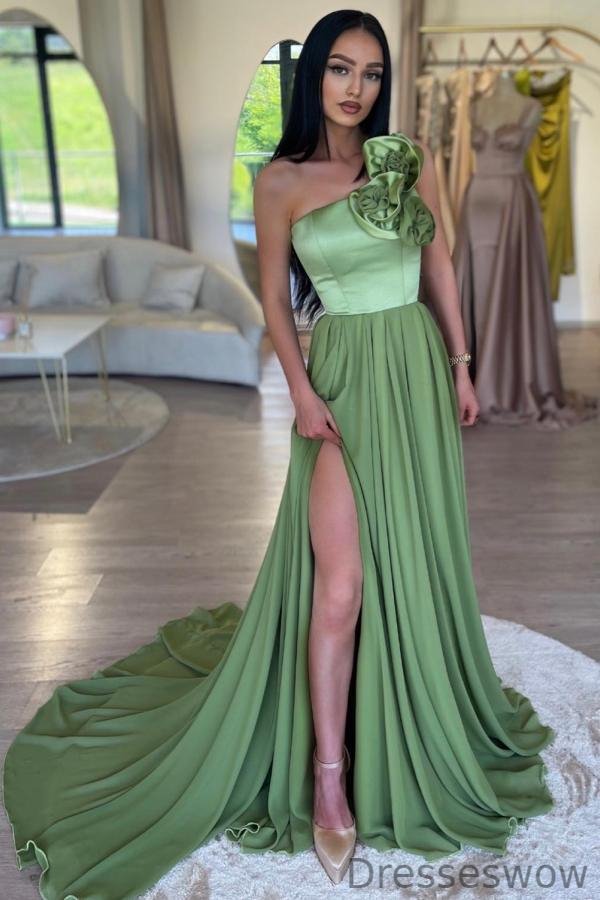 Dresseswow Sage One Shoulder Sleeveless A-Line Party Prom Dresses With Split