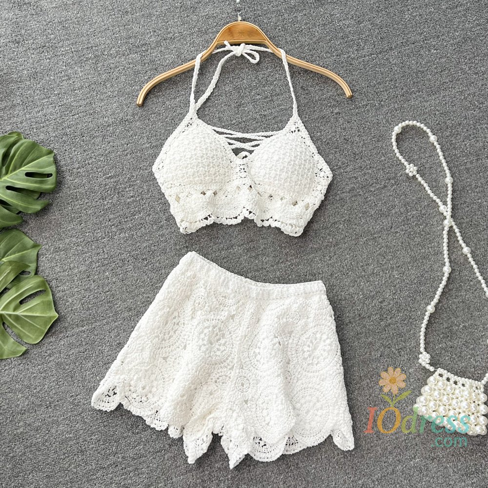 IO Dress Elegant 2-Piece Sets Beach Women Summer Vacation Backless Camisole Elastic Waist Shorts Hollow Out Y2K Beach Style Suits 2025