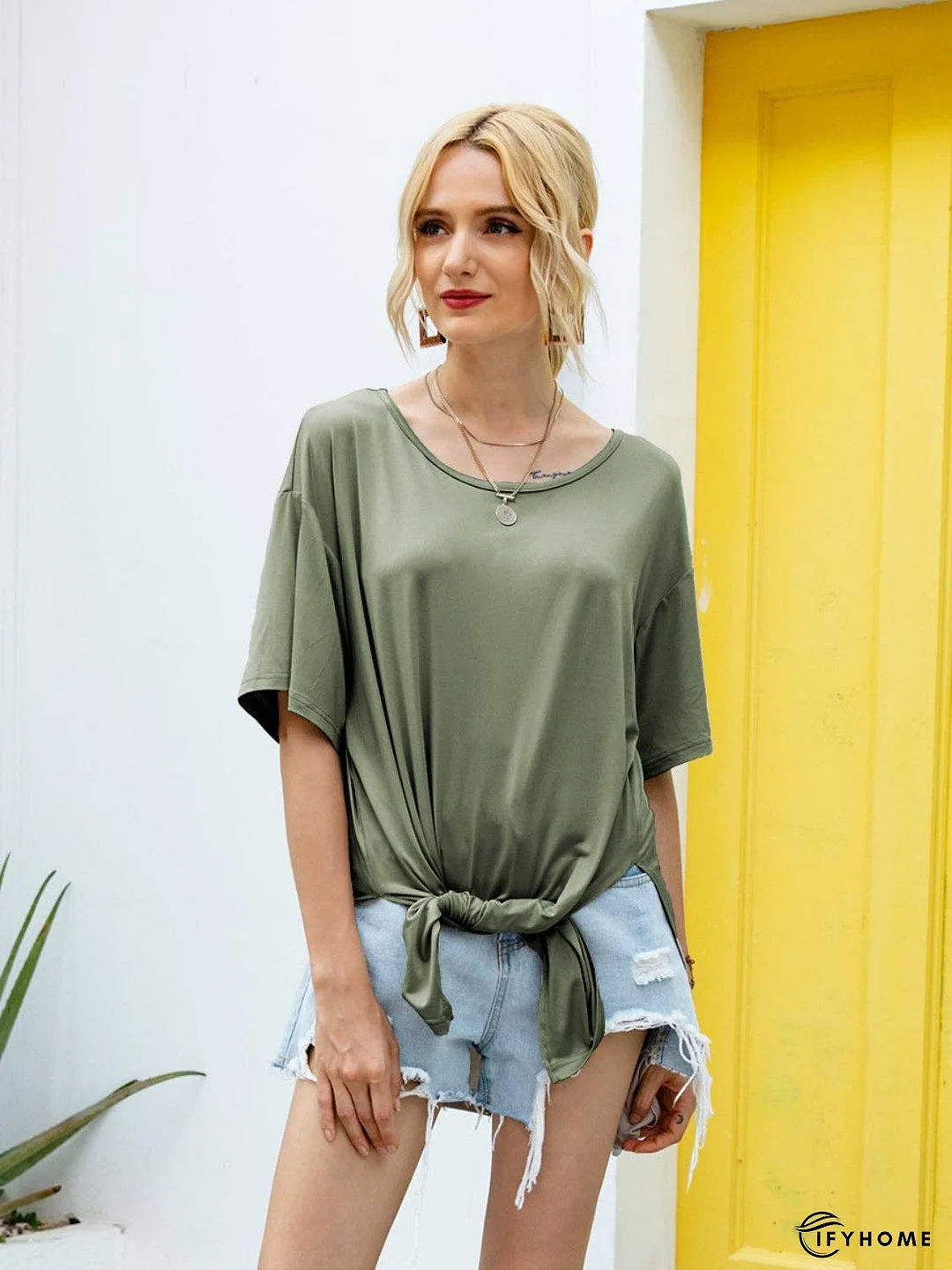 Slit Boat Neck Half Sleeve T-Shirt | IFYHOME