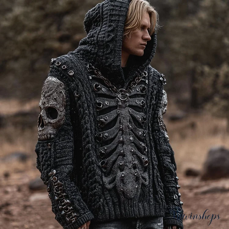 Men's Vintage Dark Skeleton Rivet Washed Long-sleeved Hooded Sweater
