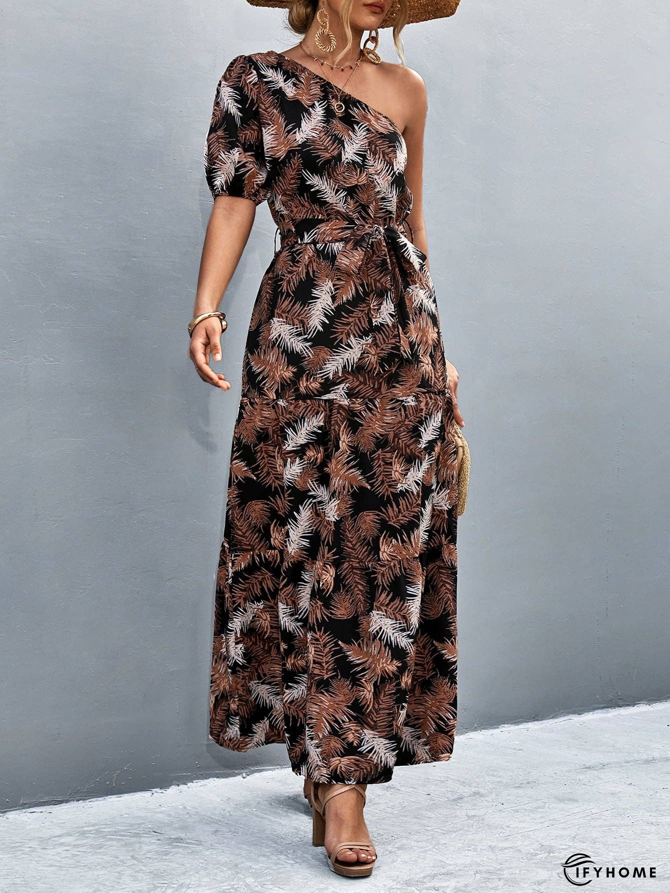 Printed Tie Waist One Shoulder Maxi Dress | IFYHOME