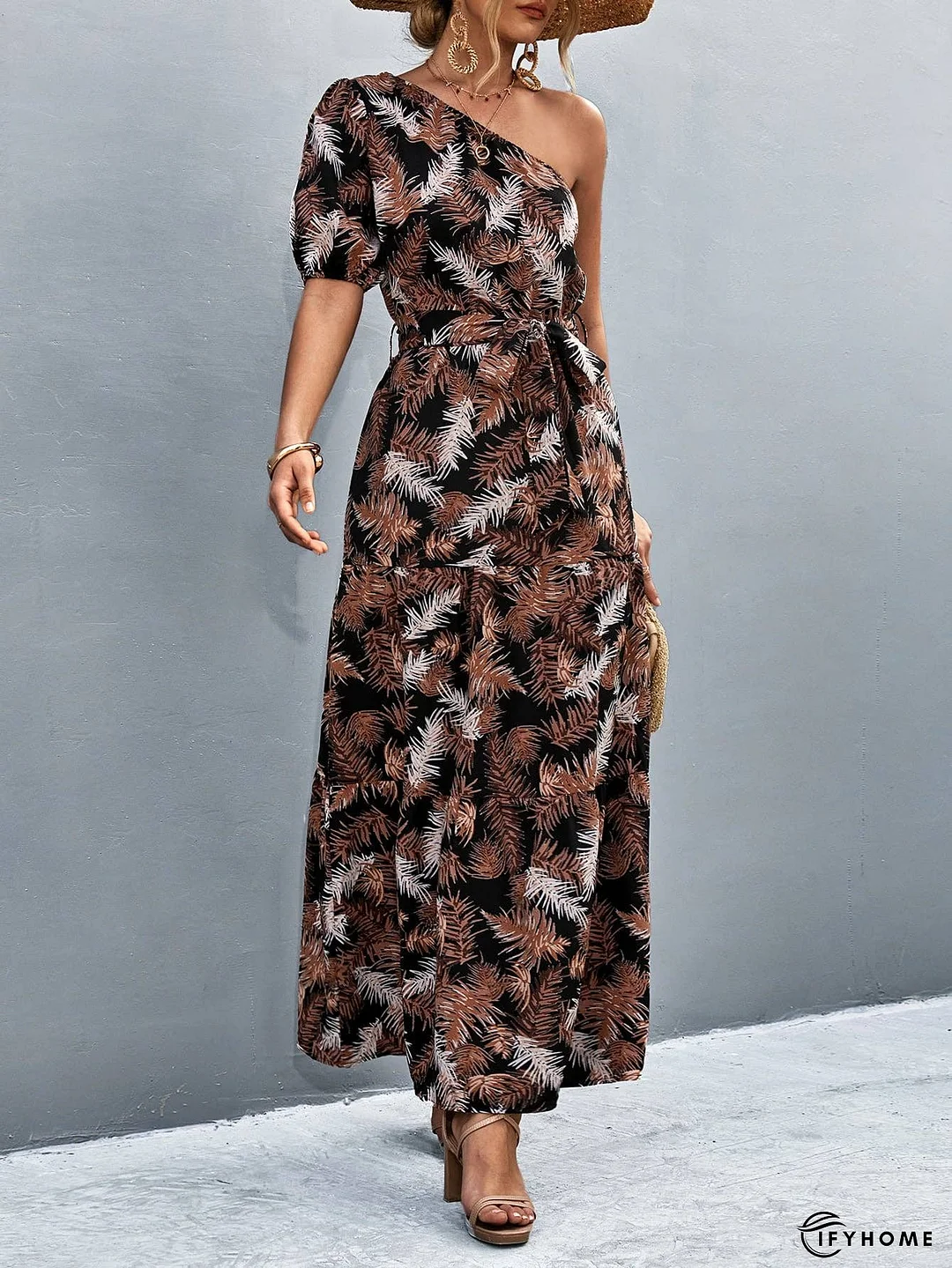 Printed Tie Waist One Shoulder Maxi Dress | IFYHOME
