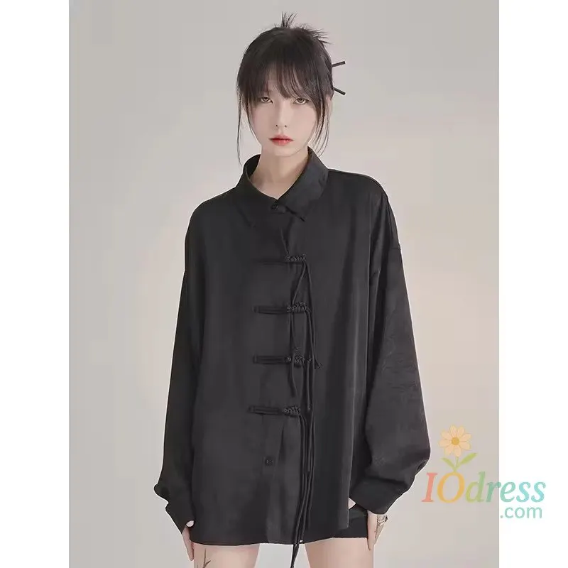IO Dress Elegance Black Blouses Baggy Lapel Collar Jacquard Shirt Vintage Lady Sweet Cross Bandage Single Breasted Tops Streetwear IO Dress