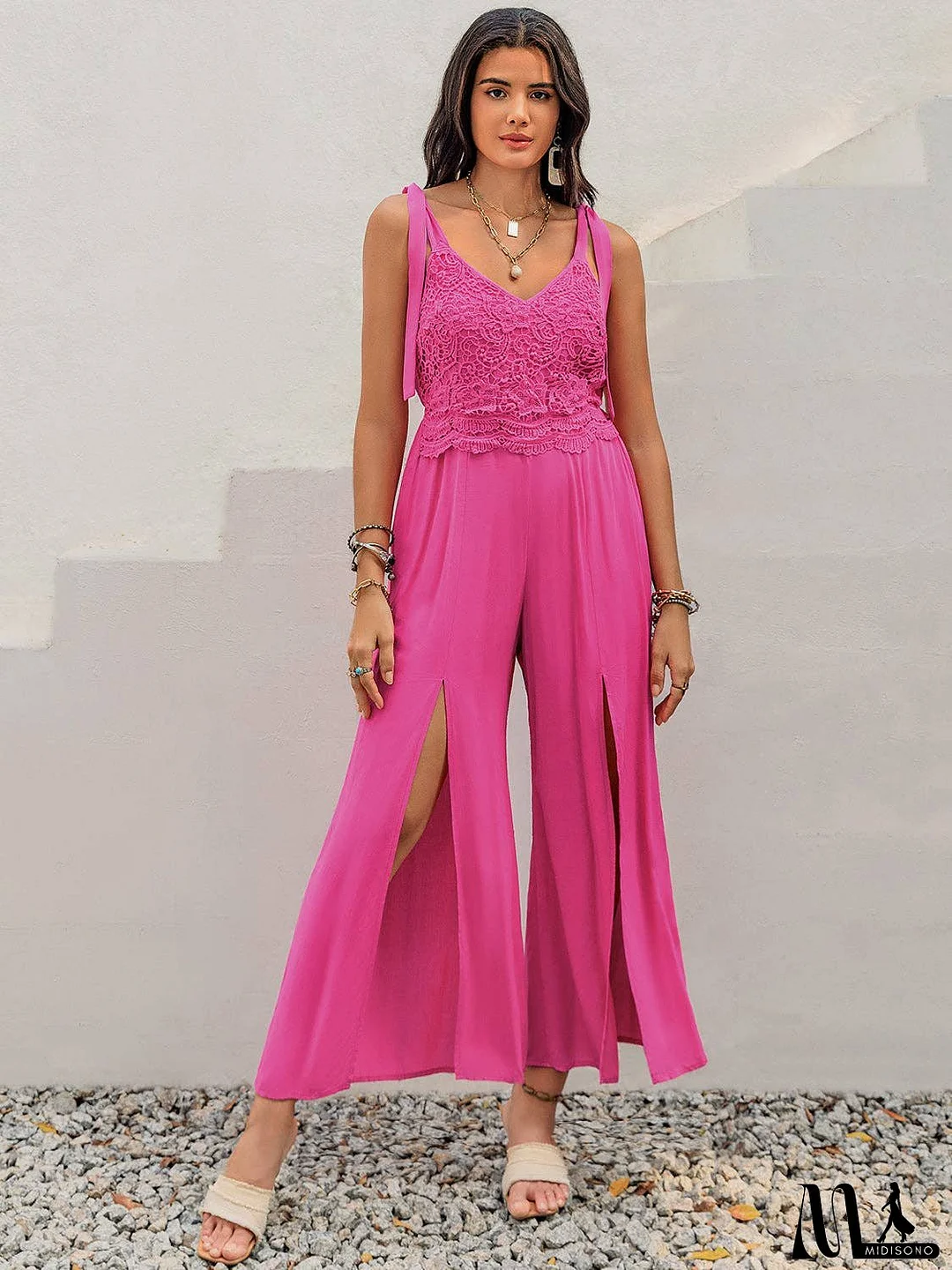 V-Neck Wide Strap Slit Jumpsuit