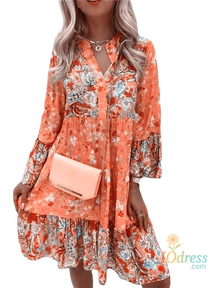 IO Dress Women'S Casual Floral Print Dress Bohemian V-Neck Loose A-Line Dress Elegant Beach Vacation Style Party Dress Robe Women'S Style