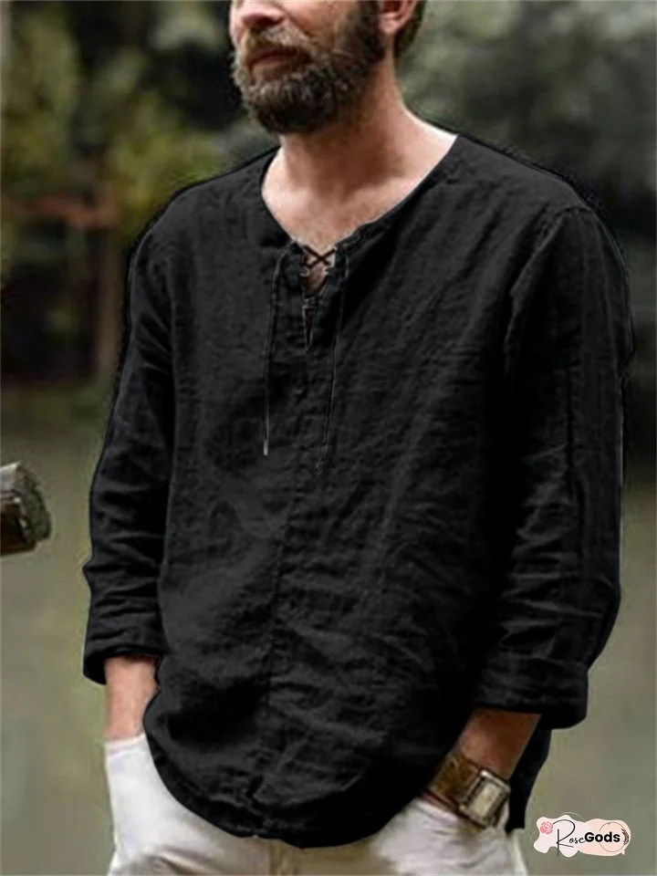 Men's Linen Shirt Solid Color Plain Collarless Maroon Black White Pink Blue Outdoor Street Long Sleeve Clothing Apparel Basic Streetwear Casual