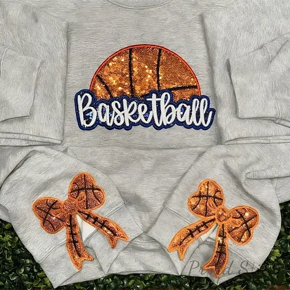 Proudstitch Glitter Basketball Game Day Sweatshirt with Side Bows Basketball Mom Apparel