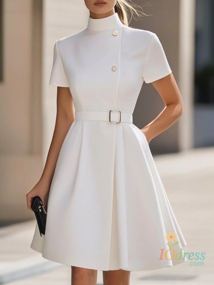 IO Dress Yeezzi ​2025 New Women's White High-Neck Belted Pleated A-Line Dress​ Short Sleeves Buttoned Pockets Elegant Party Mini Dresses IO Dress