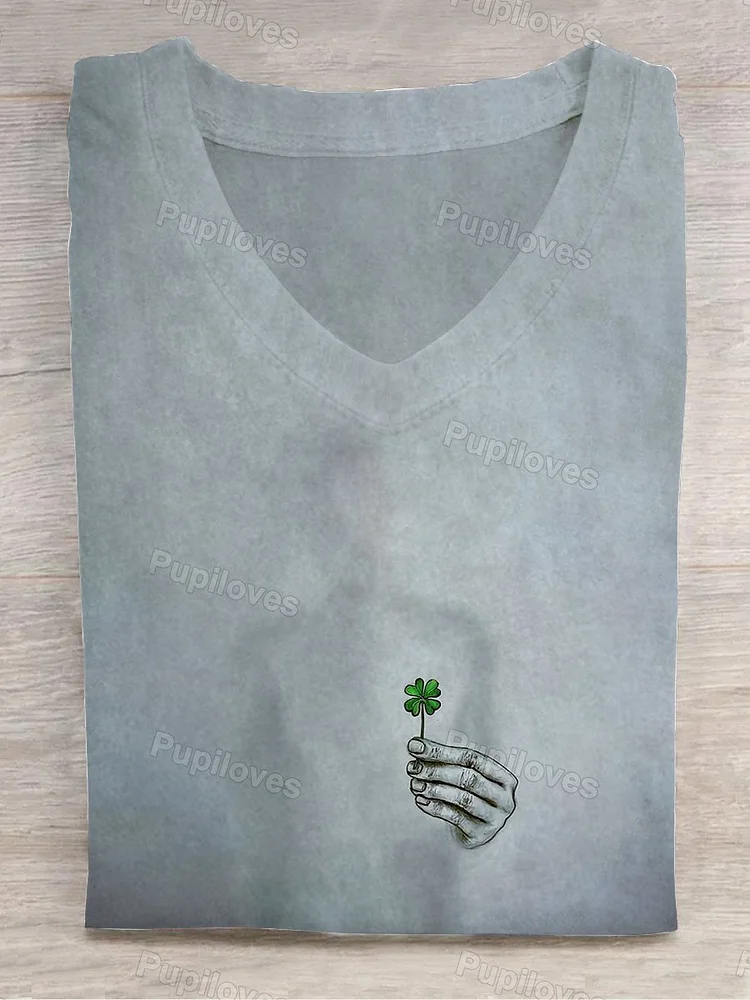 Pupiloves Pupiloves  Hand Holding Four Leaf Clover V-neck T-shirt