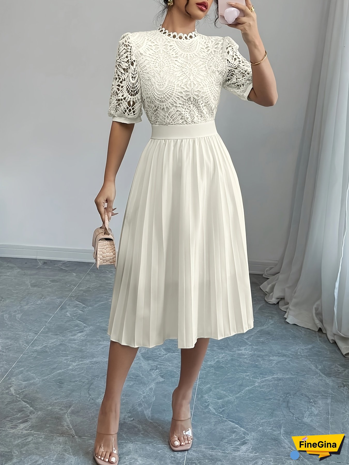 Women's Elegant Pleated Bubble Sleeve Slim Fit Waist Contrast Lace Decor Mini Dress in Stretch Fabric