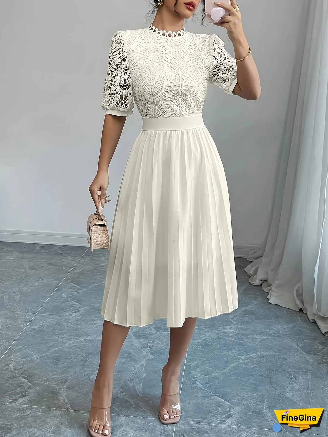 Women's Elegant Pleated Bubble Sleeve Slim Fit Waist Contrast Lace Decor Mini Dress in Stretch Fabric