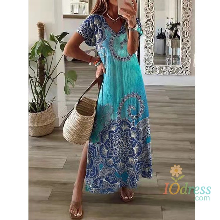 IO Dress Women's Long Dress Summer New Retro Women's V-neck Loose Casual Simple Elegant Printed Short-sleeved Dress IO Dress