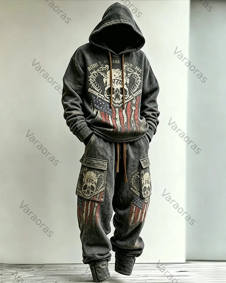 Men's Fashion Contrast Color Cross Embroidered Hoodie & Pants Two-Piece Set 7447