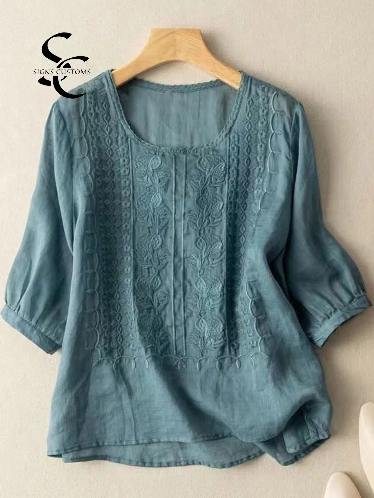 Women's Mid Sleeve Cotton And Linen Embroidery Blouse