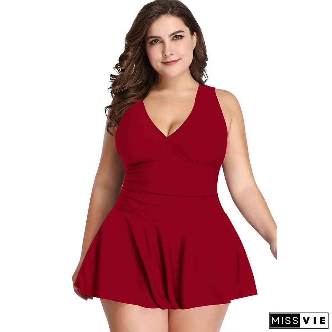 Plus Size Solid Ruffle V Neck Fit Swimsuits