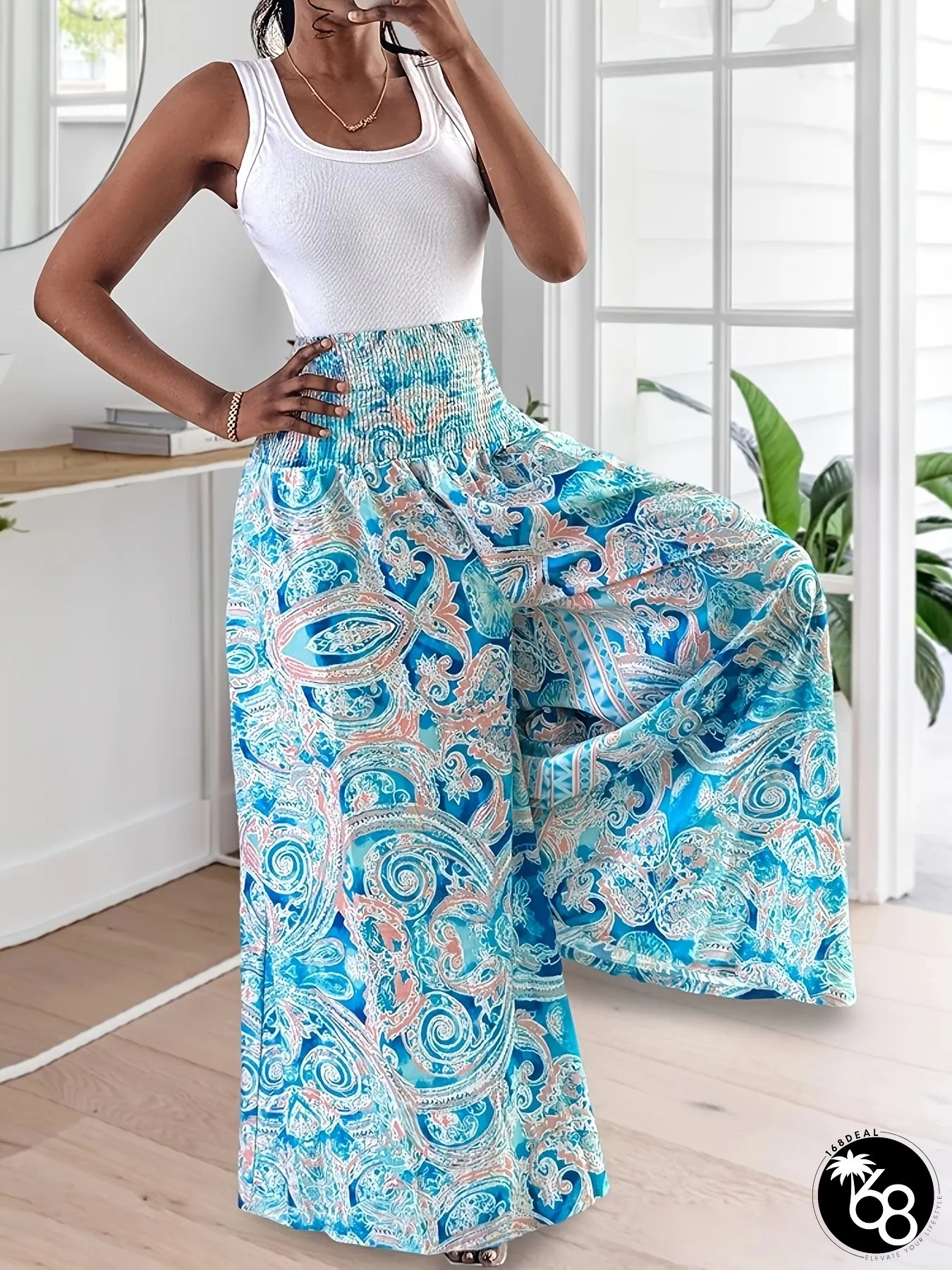 Vibrant Blue White Floral High-Waist Wide-Leg Pants Womens Casual SpringSummer Fashion | 168DEAL