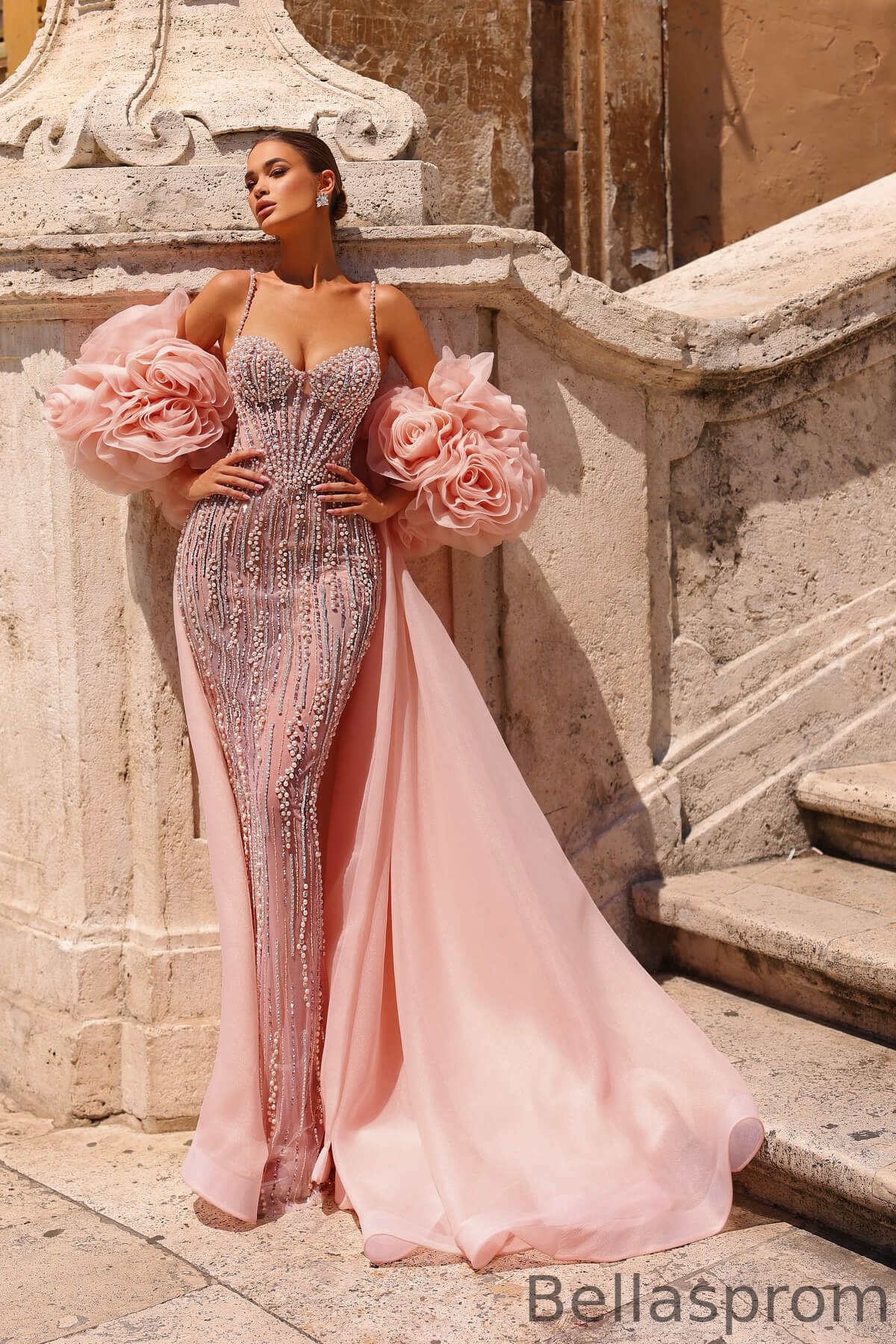 Bellasprom Pink Sweetheart Bubble Sleeves Mermaid Prom Dress With Overskirt Pearls Beadings Bellasprom