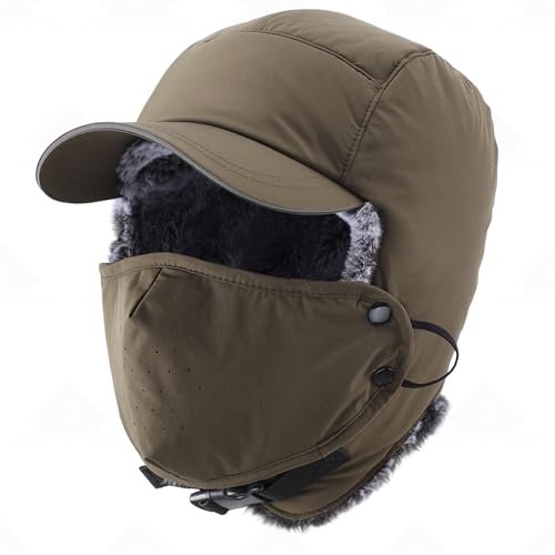 Home Prefer Waterproof Mens Faux Fur Trooper Trapper Hat Hunting Warm Winter Hat with Ear Flaps Visor Face Mask