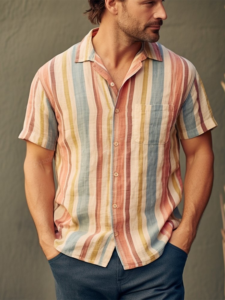 Men'S Stripe Print Slub Linen Shirt