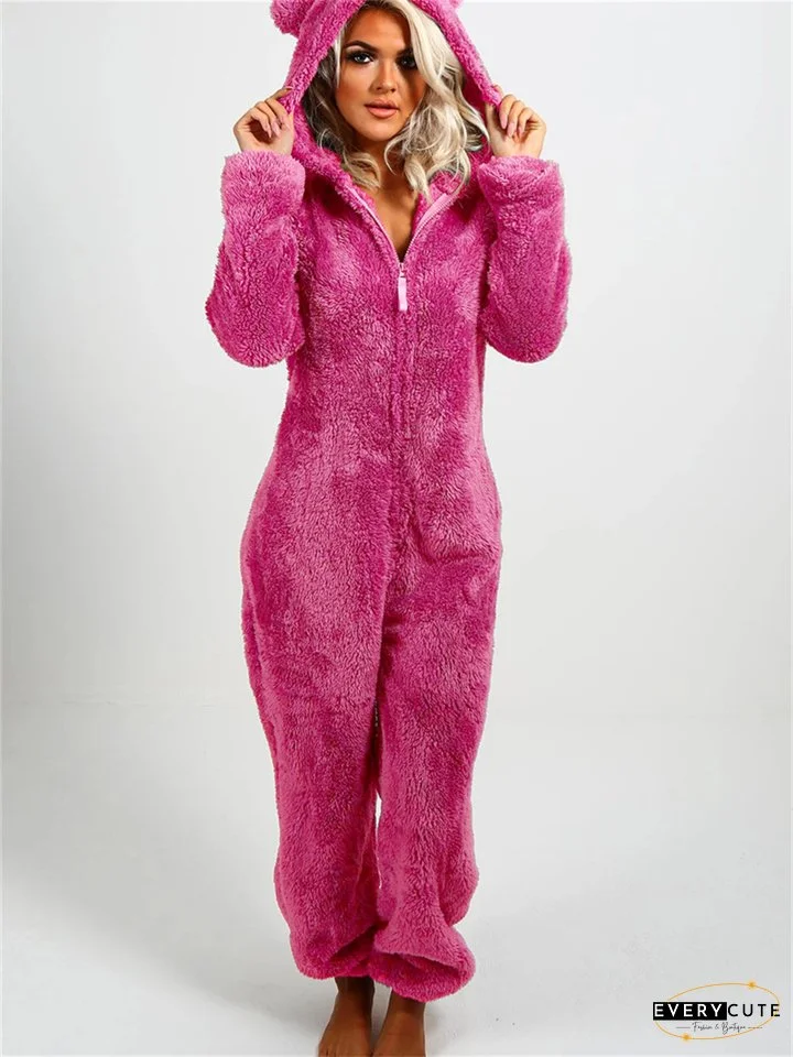 Women's Jumpsuit Solid Color Hooded Basic Home Loose Long Sleeve Rose Red 5XL Fall