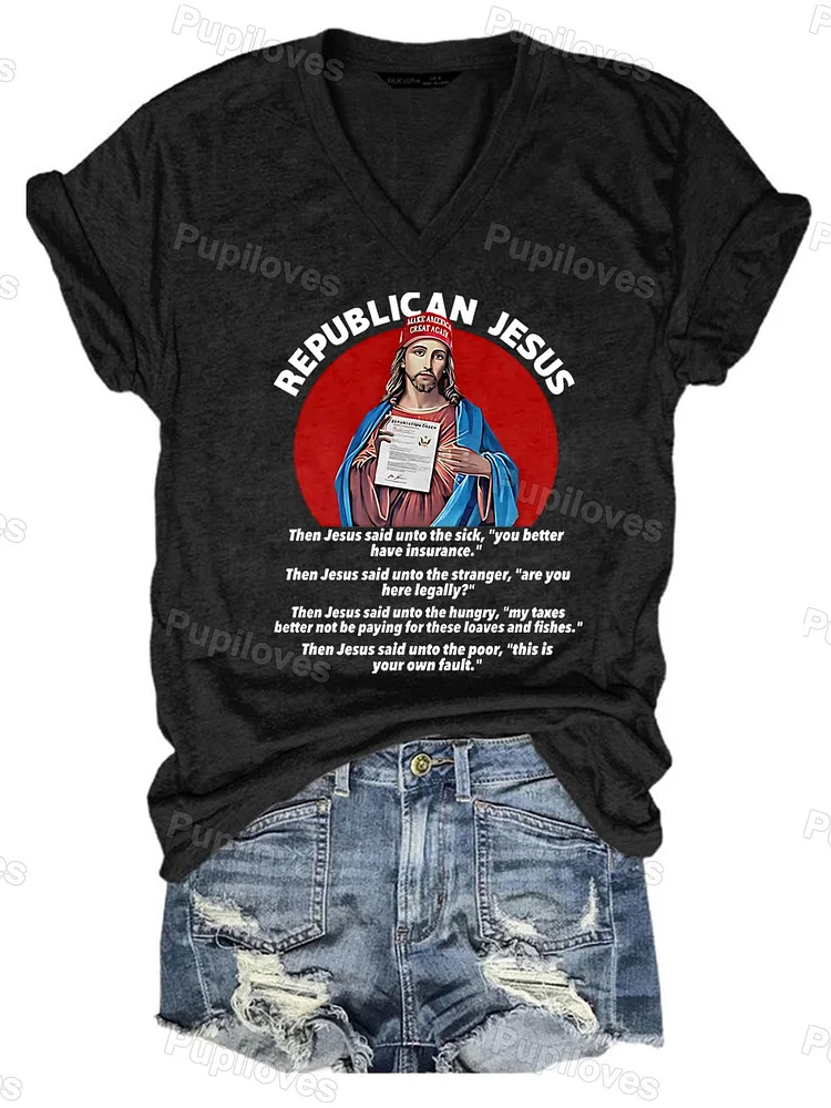 Pupiloves Pupiloves  Republican Jesus V-Neck T-shirt