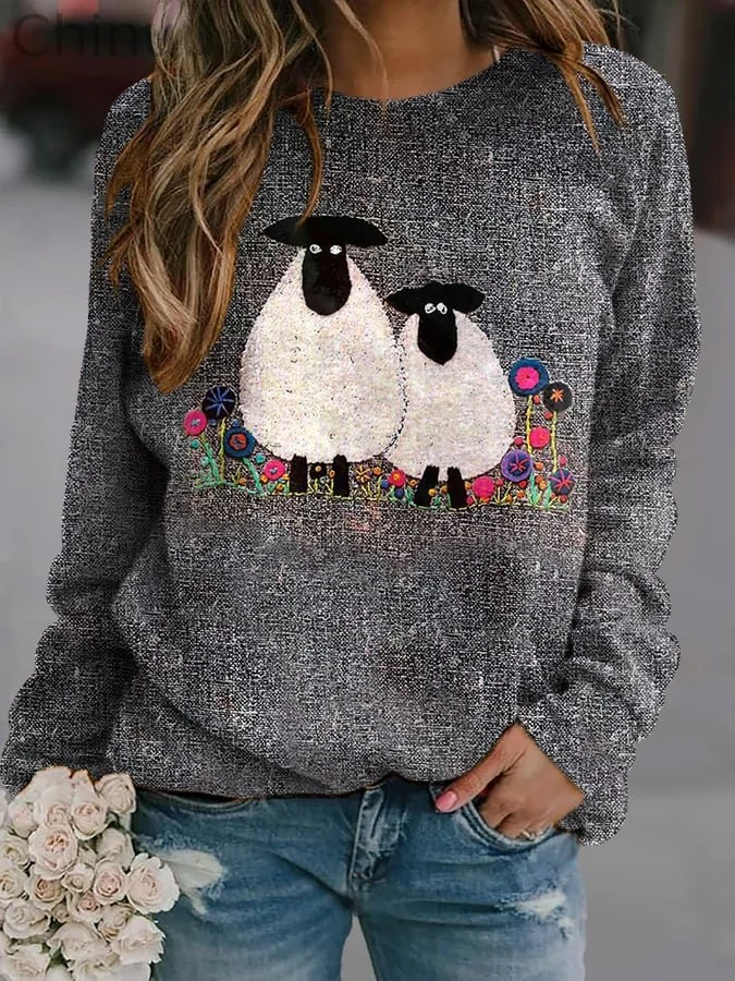 Women's Cute Plush Sheep Pattern Print Sweatshirt