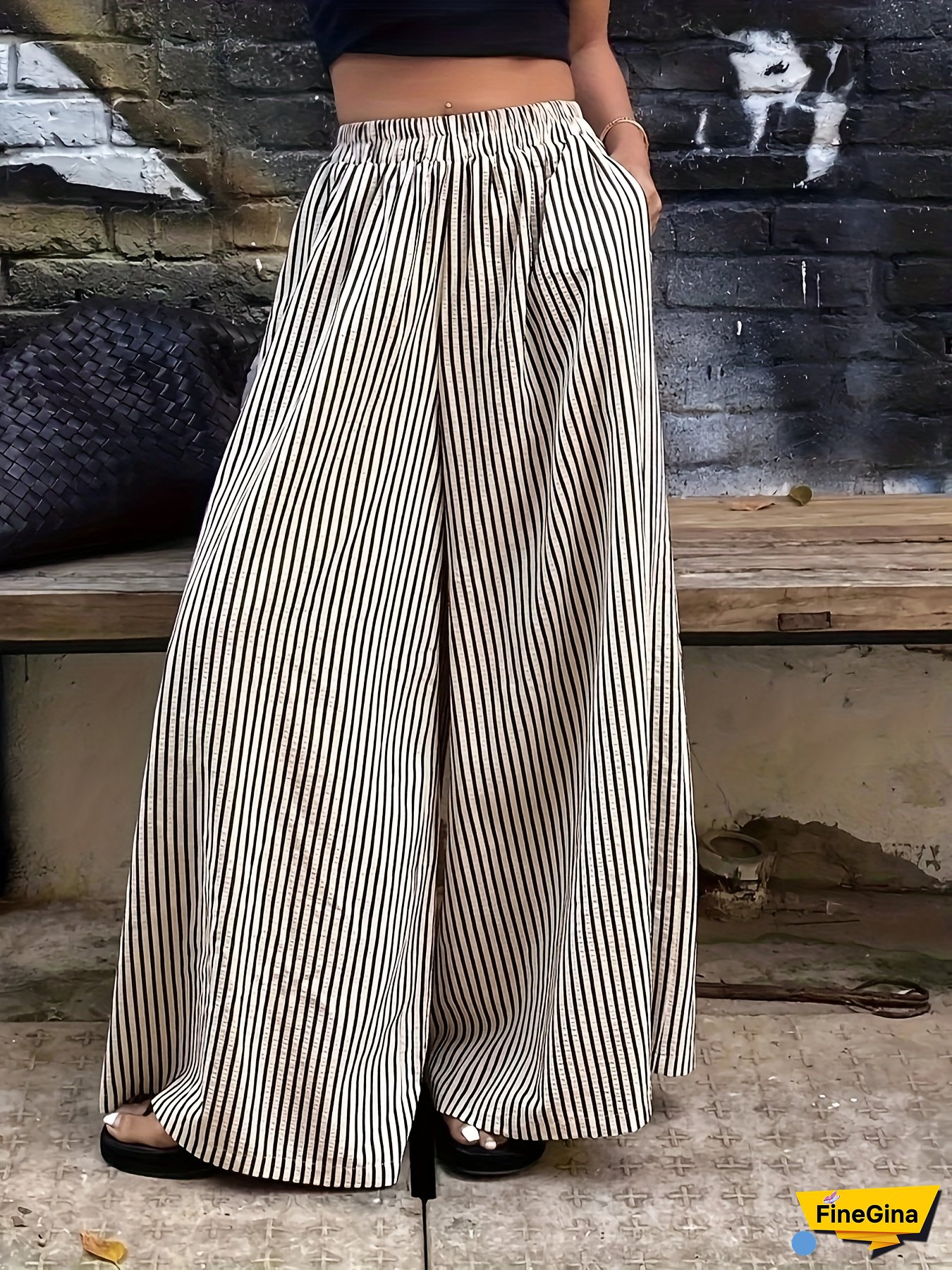 Women's Striped Wide-Leg Pants With Elastic Waist & Pockets - Loose Fit Casual Trousers For Spring/Summer, Machine Washable Black & White Stripes, Elegant Comfortable Lounge Wear, Comfortable Fashion | Patterned Casual Wear | Smooth Texture