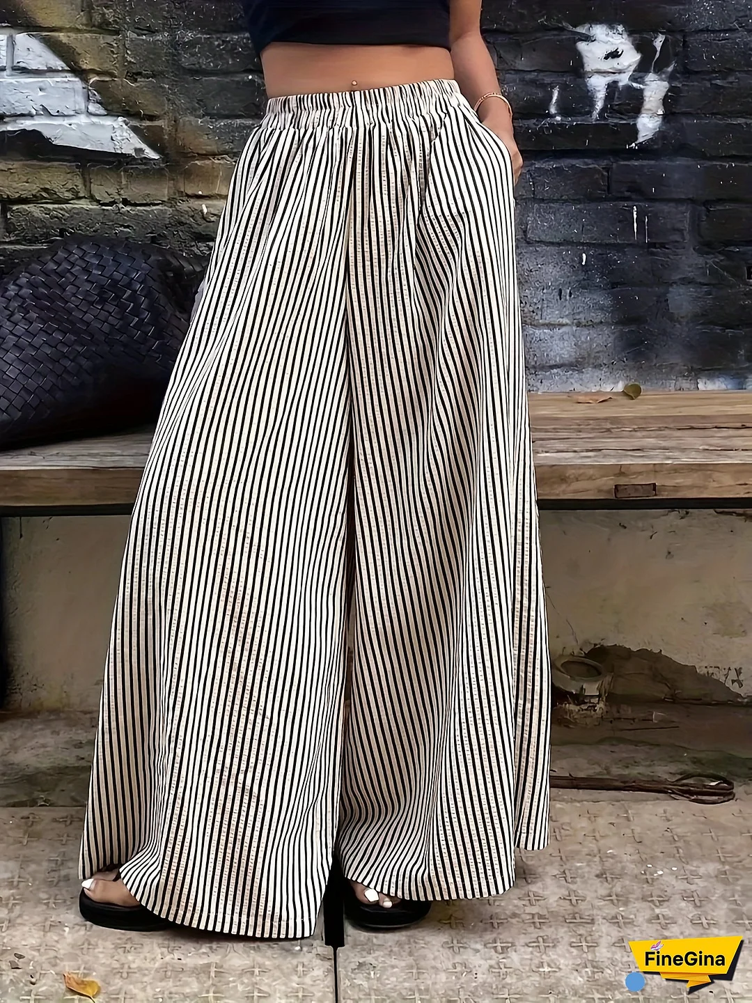 Women's Striped Wide-Leg Pants With Elastic Waist & Pockets - Loose Fit Casual Trousers For Spring/Summer, Machine Washable Black & White Stripes, Elegant Comfortable Lounge Wear, Comfortable Fashion | Patterned Casual Wear | Smooth Texture
