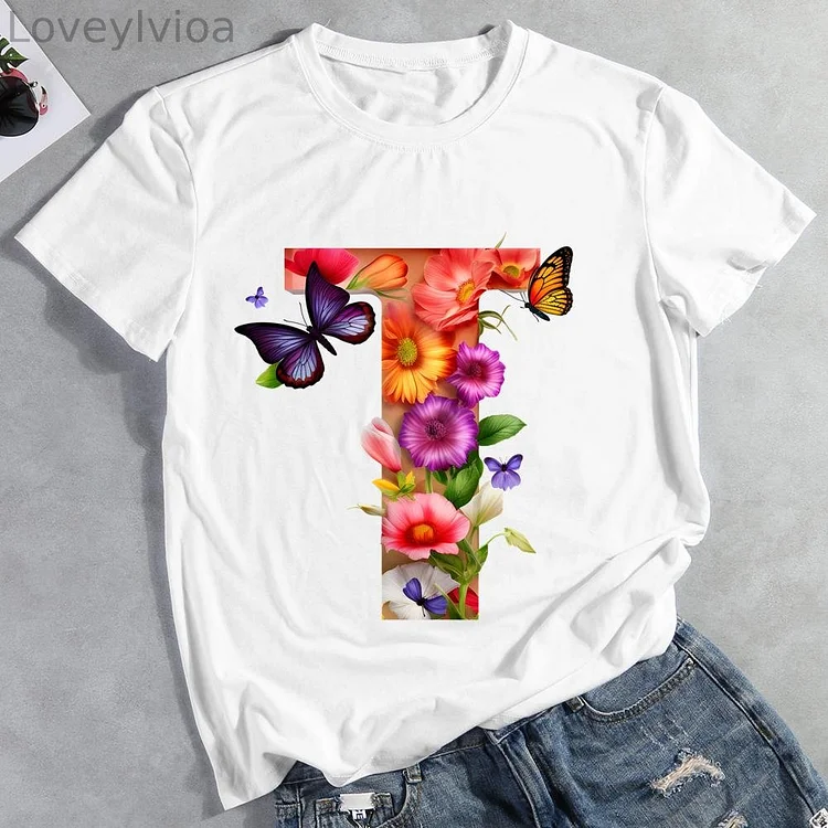 Butterfly Alphabet T Round Neck T-shirt