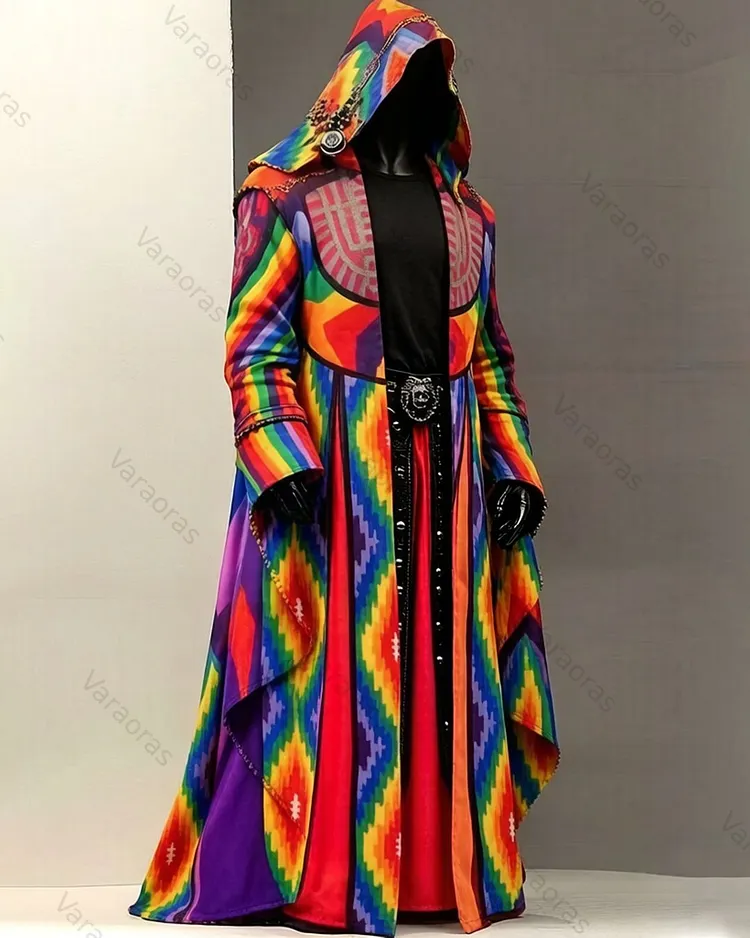 Men's Music Festival-Themed Colorful Diamond-Patterned Hooded Cape 5190