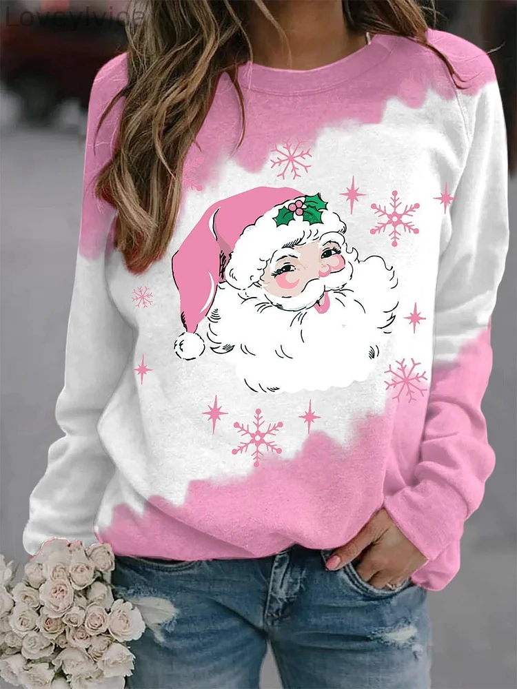 Women's Pink Santa Print Long Sleeve Top