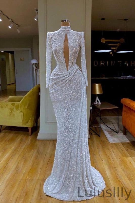 White Sequins Keyhole Mermaid Prom Dress Long Sleevess - lulusllly
